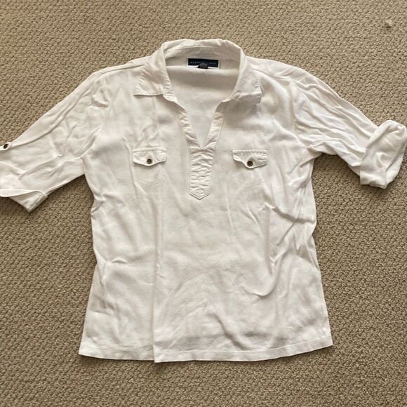 Karen Scott White Popcollar Polo Shirt Size Small 100% Cotton Button Down EUC - Picture 1 of 8
